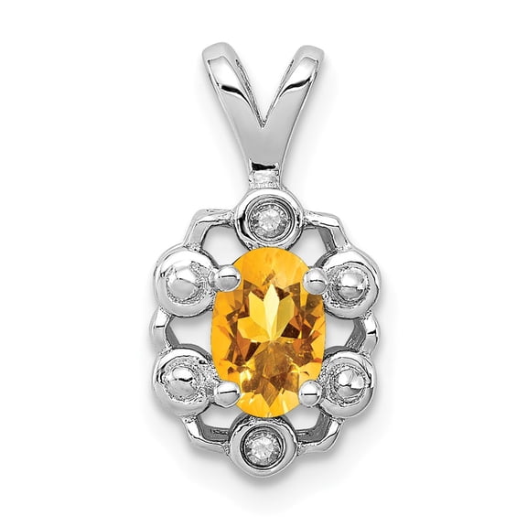 White Sterling Silver Charm Pendant (11) November Citrine Oval Yellow Diamond Round 15 mm 9