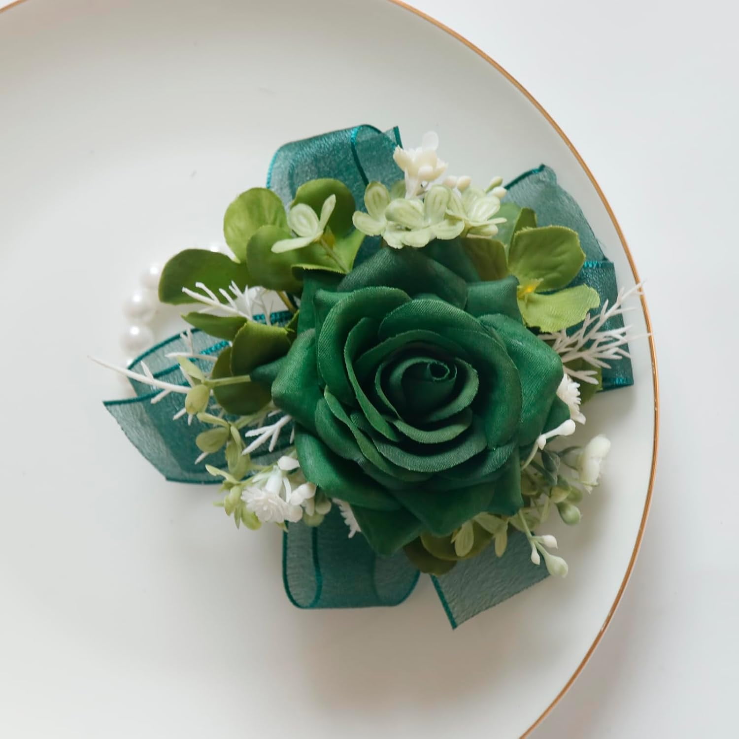 Corsage & Boutonniere Set for Wedding & Prom, Artificial Flowers Accessories – Dark Green Suit Decor (2 Pieces)