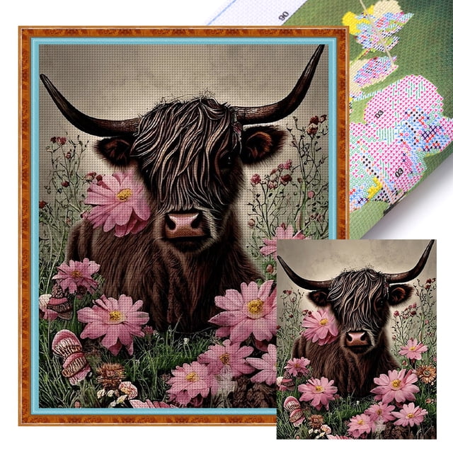 Hilo de bordar de algodón ecológico completo, Kit de punto de cruz con estampado de vaca, 11CT, 40x50cm