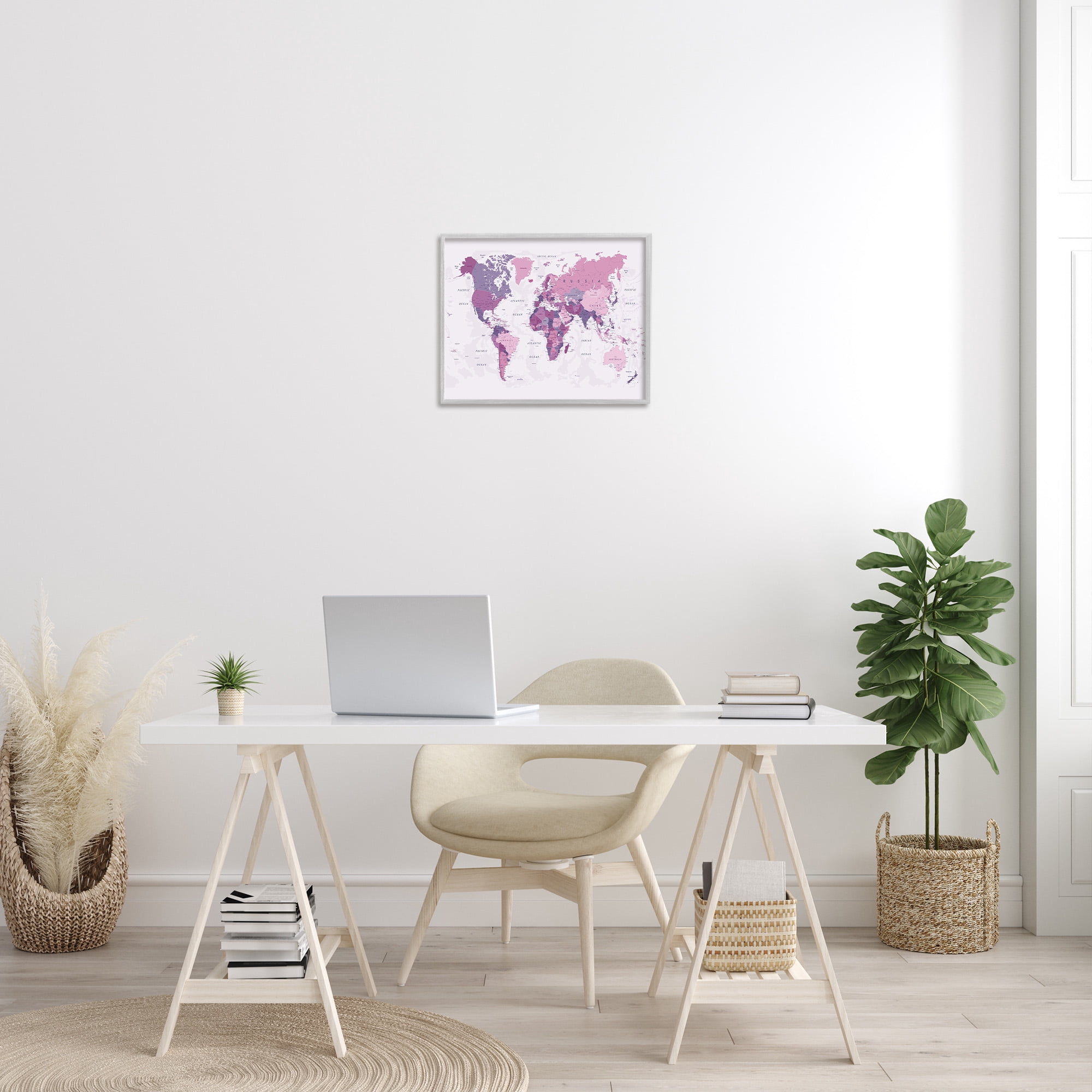 Stupell Industries Detailed Pink World Map Town & City Painting Gray Framed Art Print Wall Art, 20 x 16