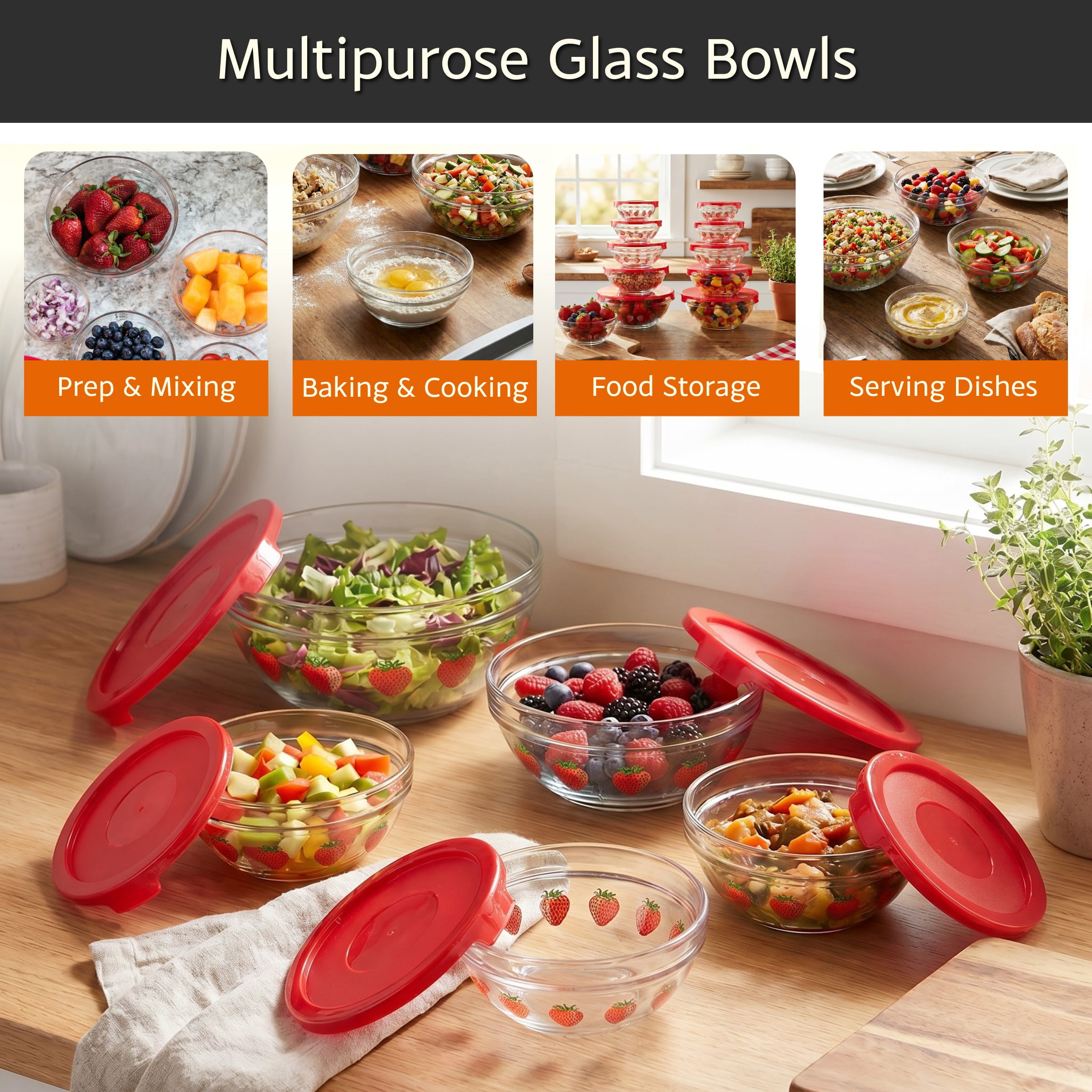 Glass Food Storage Containers with Lids- 20 Piece Set with Multiple Bowl Sizes for Storage, Meal Prep, Mixing and Serving by Chef Buddy (Fruit Design)