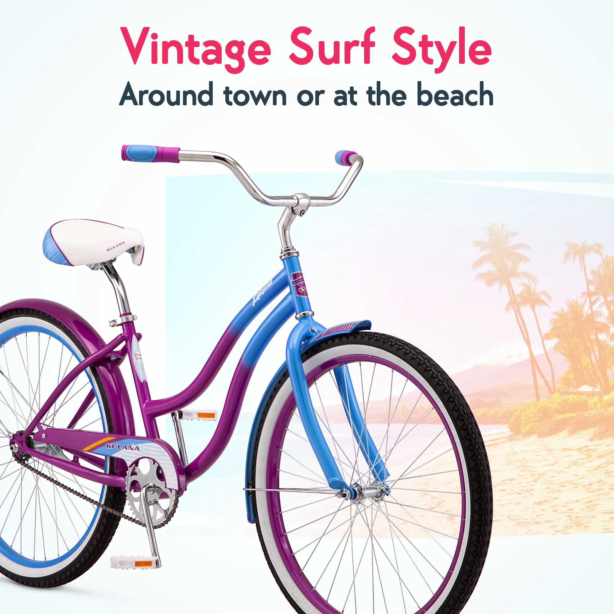 Kulana Lakona Shore Beach Cruiser Bike, 26-Inch Wheel, Single Speed, Blue and Purple