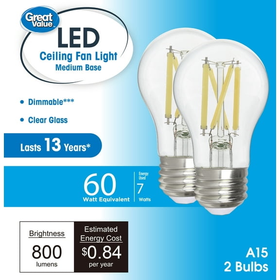 Great Value LED Ceiling Fan Bulb, 6.5-Watt (60W Eqv.) A15 Shape E26 Base Daylight, 2 Pack