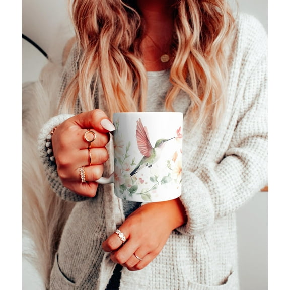 ChaChaCoo Hummingbird Watercolor Ceramic Mug, Serene Nature Bird Lover Gift, Peaceful Flowers Coffee Cup, 11oz 15oz, Wildlife Tea Mug, Floral Bird