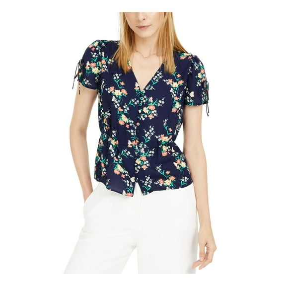 MAISON JULES Womens Navy Tie Floral Short Sleeve V Neck Button Up Top XS