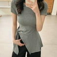 thumbnail image 4 of JGGSPWM Twist Front Womens Split Hem Short Sleeve Round Neck Top Gray XL, 4 of 4