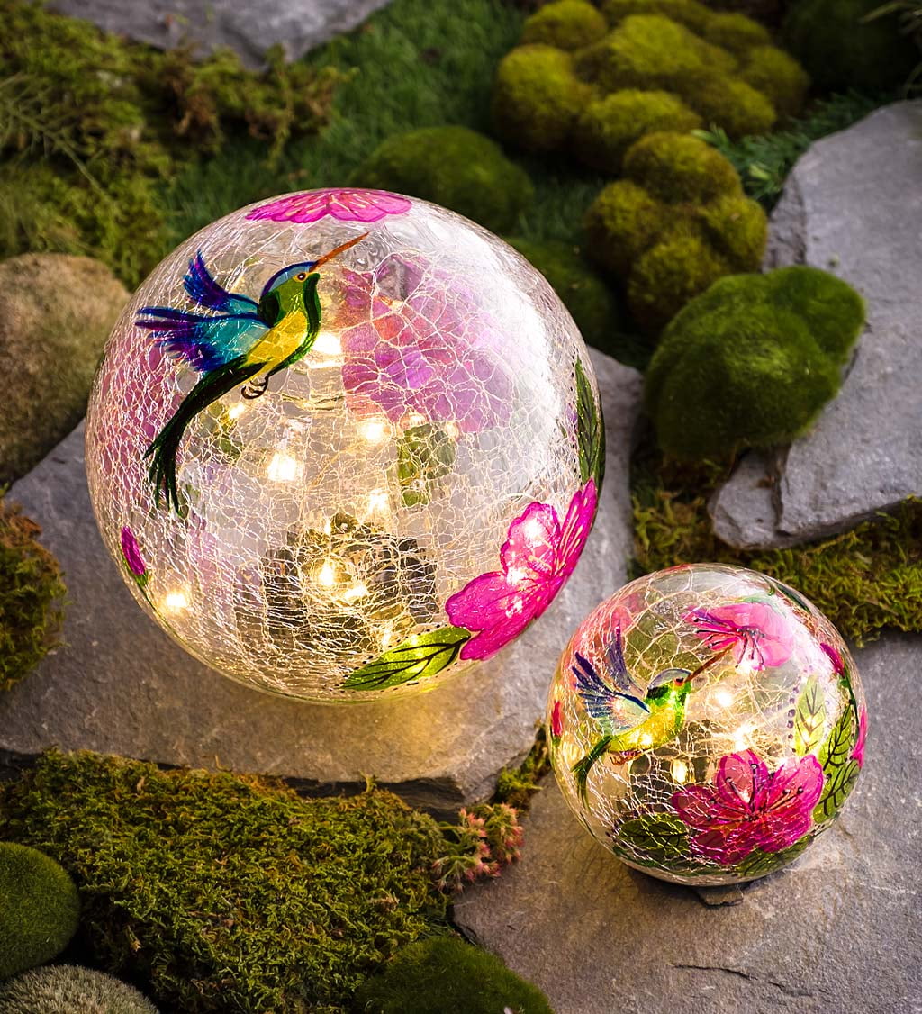 Hand Painted Hummingbird Crackle Glass Solar LED Decorative Garden