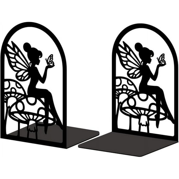 Metal Bookends for DIY Shelves Modern Decorative Heavy Duty Study Book Support Stoppers for DIY Office Desk Shelf Room 5.3"x3.5"x7.9" Cast Iron Simple Tall Bookends 1 Pair (Fairy and Mushroom)