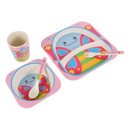 

5Pcs Toddler Dining Set Bamboo Plate Bowl Cup Fork and Spoon Kit for Kids
