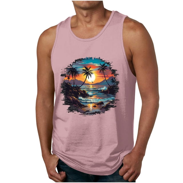 Casual Tops de Verano de la Moda de los Hombres sin Mangas Impreso Cuello Redondo, Camisa Ligera Y Cómoda para Diario