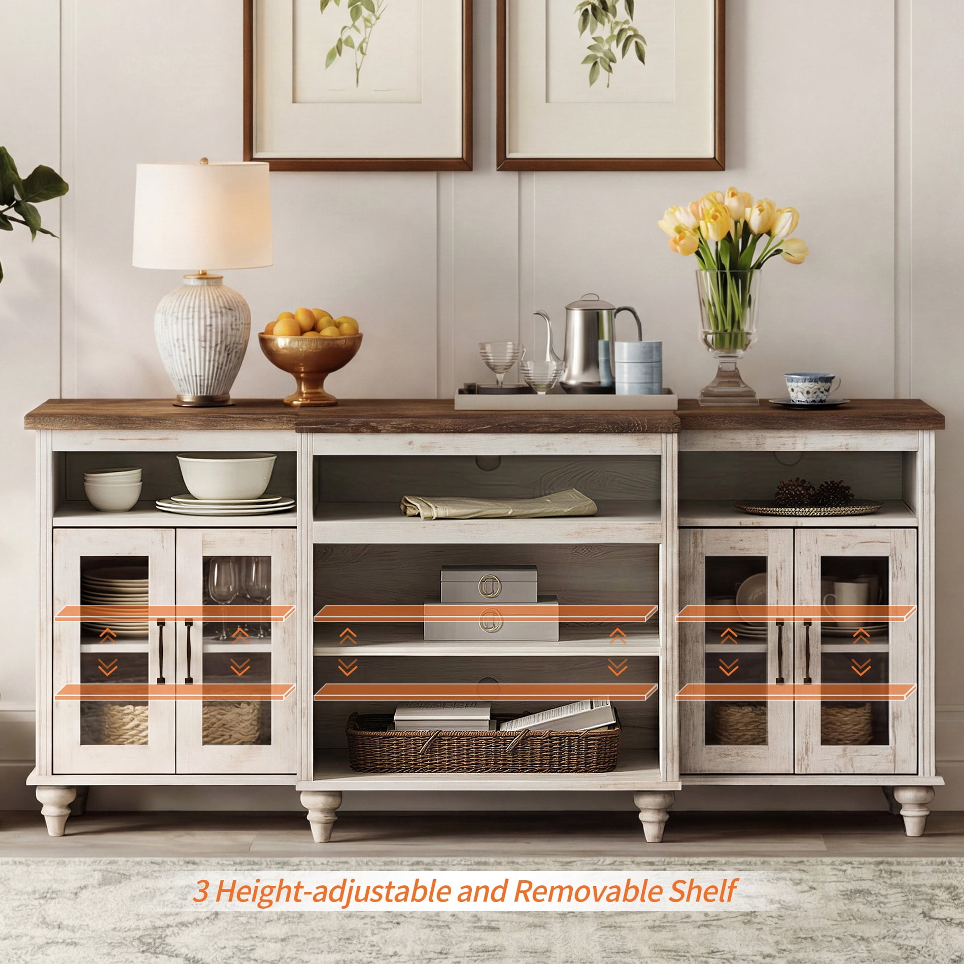 Farmhouse TV Stand for TVs Up to 75 inch, 4-Door Glass and Wood Universal TV Console with 9 Storage Cabinets, Entertainment Center Table for Living Room Bedroom, Rustic White