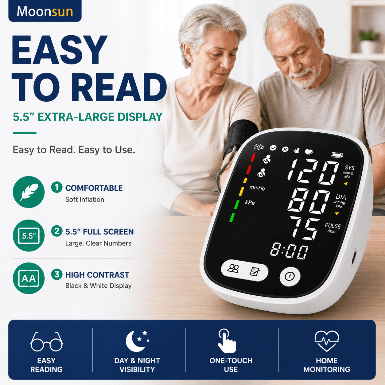 Moonsun Automatic Upper Arm Blood Pressure Monitor, 5.5″ Backlit Display, Rechargeable & Broadcast Voice, Large Cuff 8.7”-16.6”, 2-User 180 Memories for Home Use