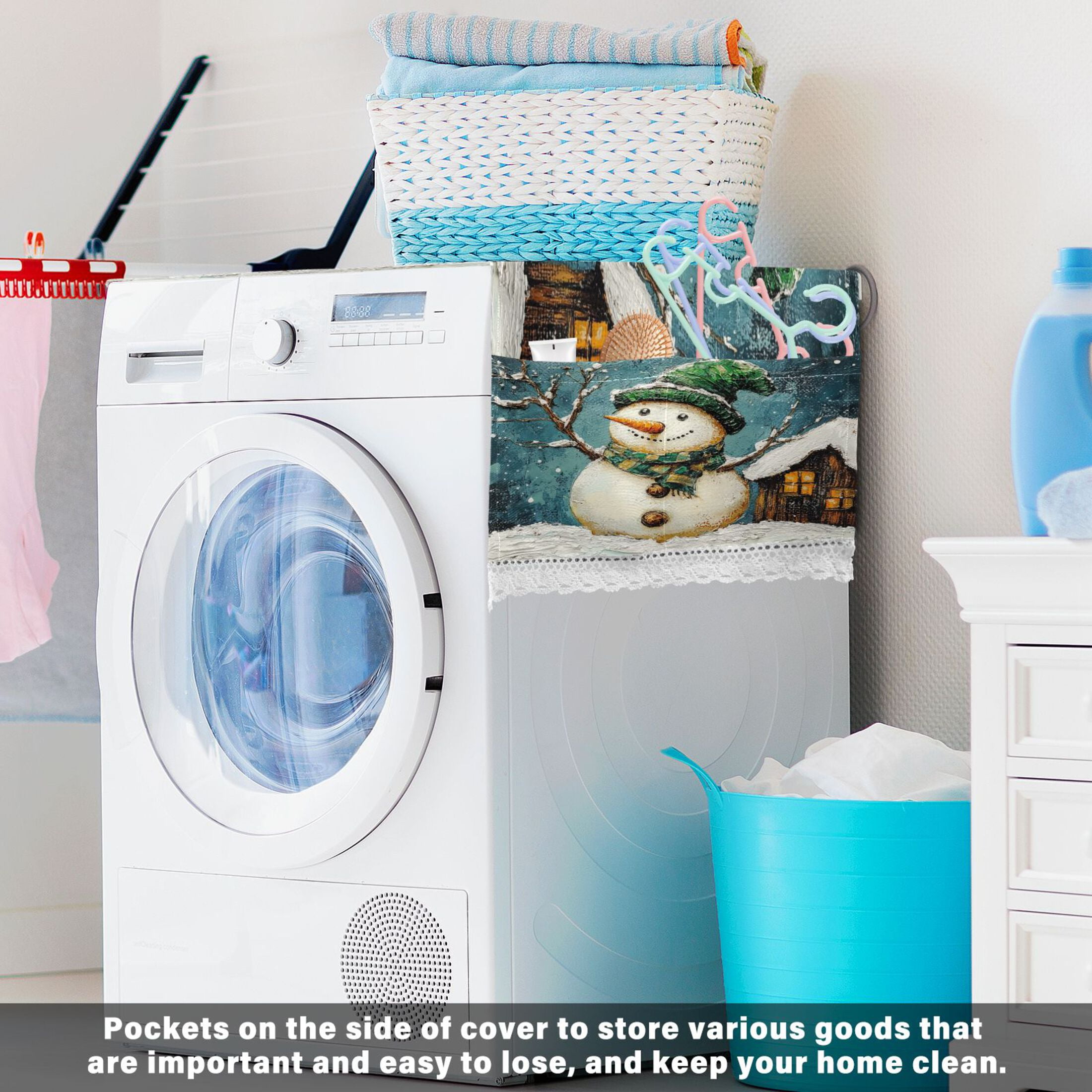 Winter SnowmanWasher and Dryer Covers Dust-Proof and Oil Resistant Fridge Cover with 4 Storage Pockets Washing Machine Top Cover for Laundry Kitchen Home 51.2 x 22 In