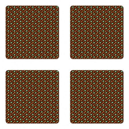 

Autumn Coaster Set of 4 Warm Tones Fall Season Simple Leafs Trees Flowers Composition Print Square Hardboard Gloss Coasters Standard Size Chocolate and Turquoise by Ambesonne