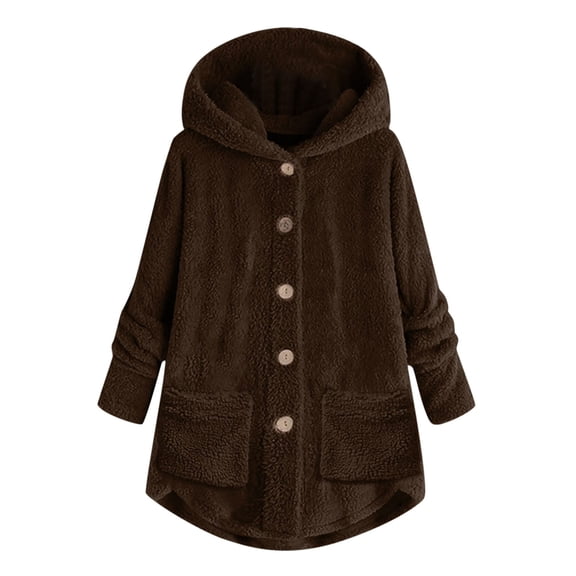 Women's Fashion Fleece Hooded Jacket - Irregular Patchwork Cat Ear Warm Coat with Pockets, Coffee Brown, L