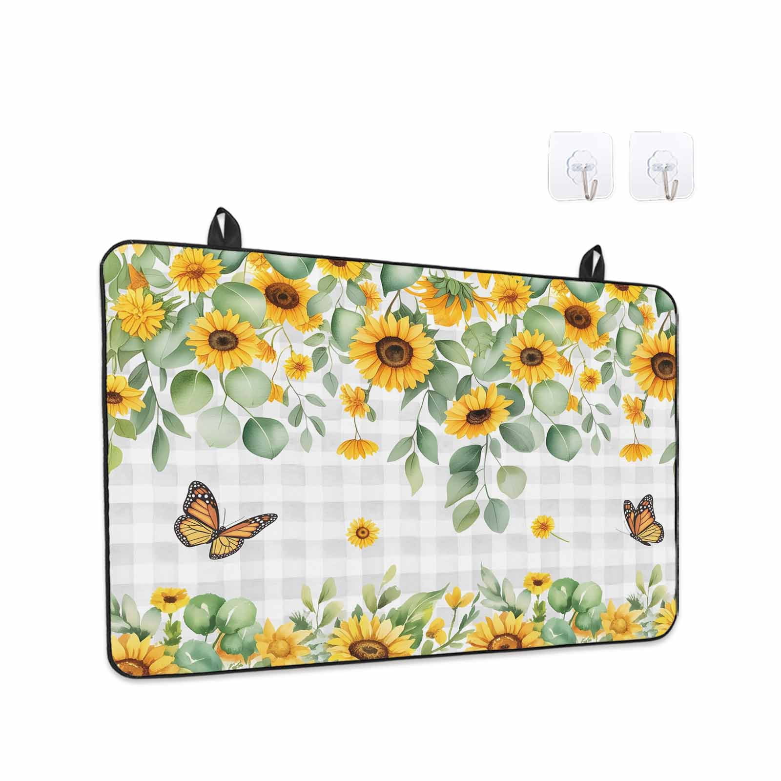 Spring Sunflowers Stove Top Cover for Electric Stove, Heat-proof & Non Slip Glass Top Stove Cover Protector, Eucalyptus Leaves Butterfly Flowers Plaid Kitchen Flat Cooktop Rubber Mat 24x21 Inches