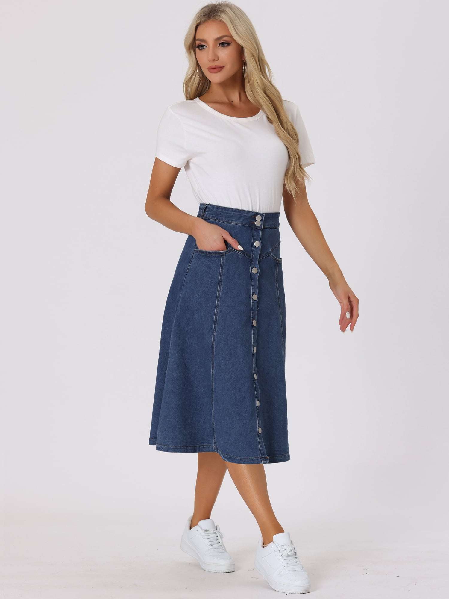 DARING DIVA Women's Buttons Front A-Line Flowy Midi Skirts with Pocket XS Medium Blue