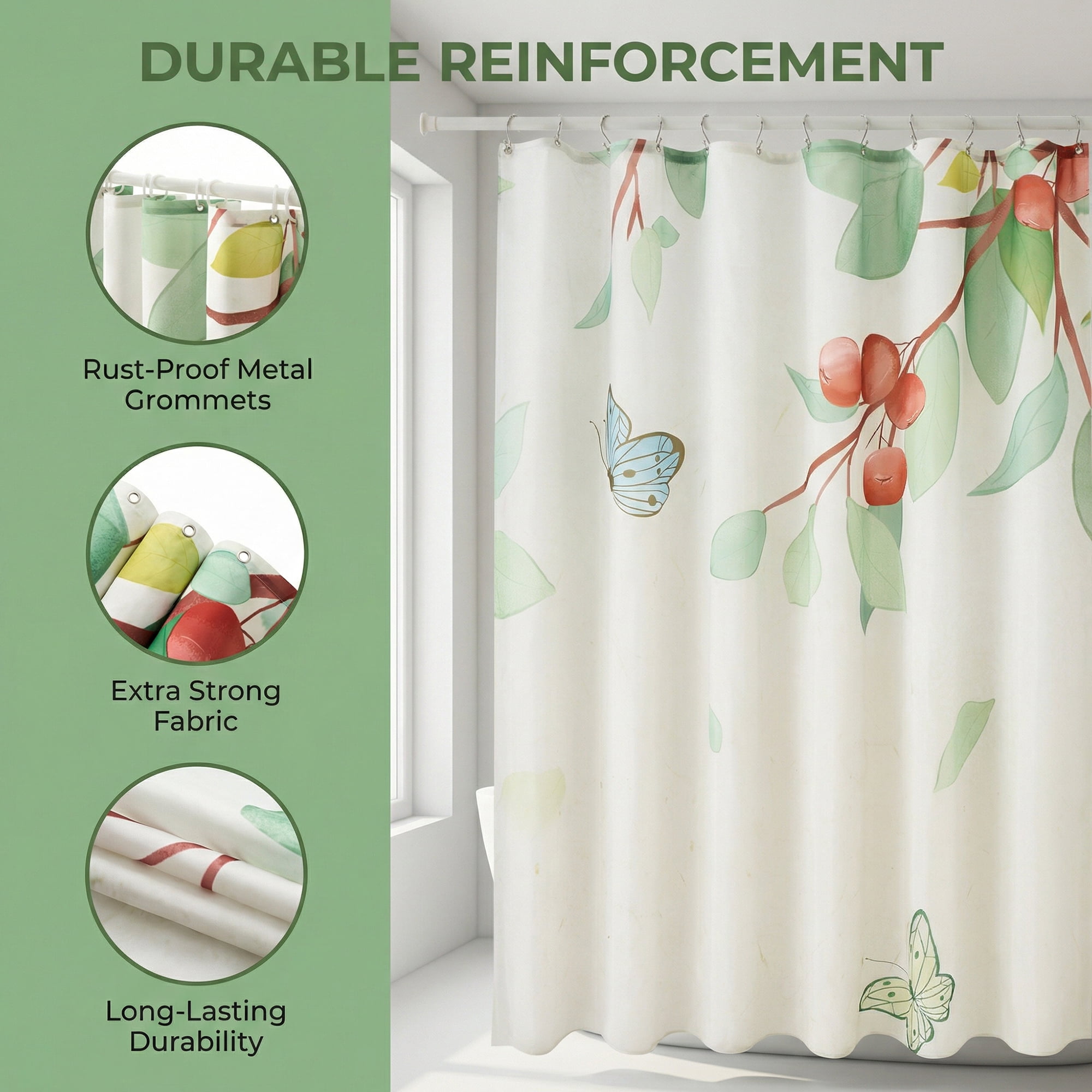 Unique Bargains Cute Print Shower Curtain Sets with Hooks Green Leaves 71"W x 71"L
