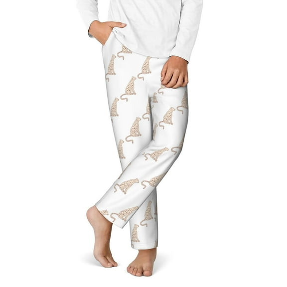 Gukieu Leopard Print Print Youth Home Trousers, Elastic Waistband with Pockets for Home and Outing, Suitable for Children Aged 5-16-XS(5-6)