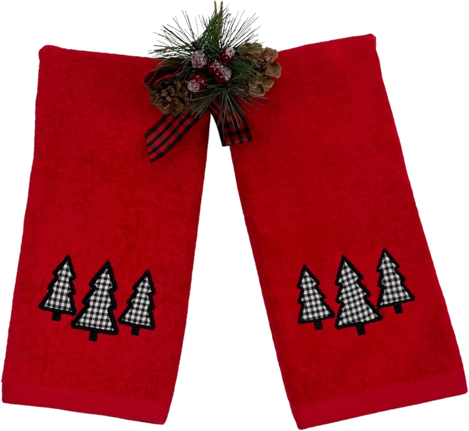 Holiday Winter Christmas Bathroom Guest Hand Fingertip Embroidered Applique Towels 4 Pc Set: Checkered Trees 16 x 25 inches, Gingham Tree Design,12 x 18 inches, Black White on Red, 100% Cotton