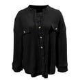 thumbnail image 3 of Waffle Button Down Shirts for Women Dressy Casual Work Shacket V Neck Long Sleeve Lightweight Tops with Pocket 02-Black M, 3 of 5