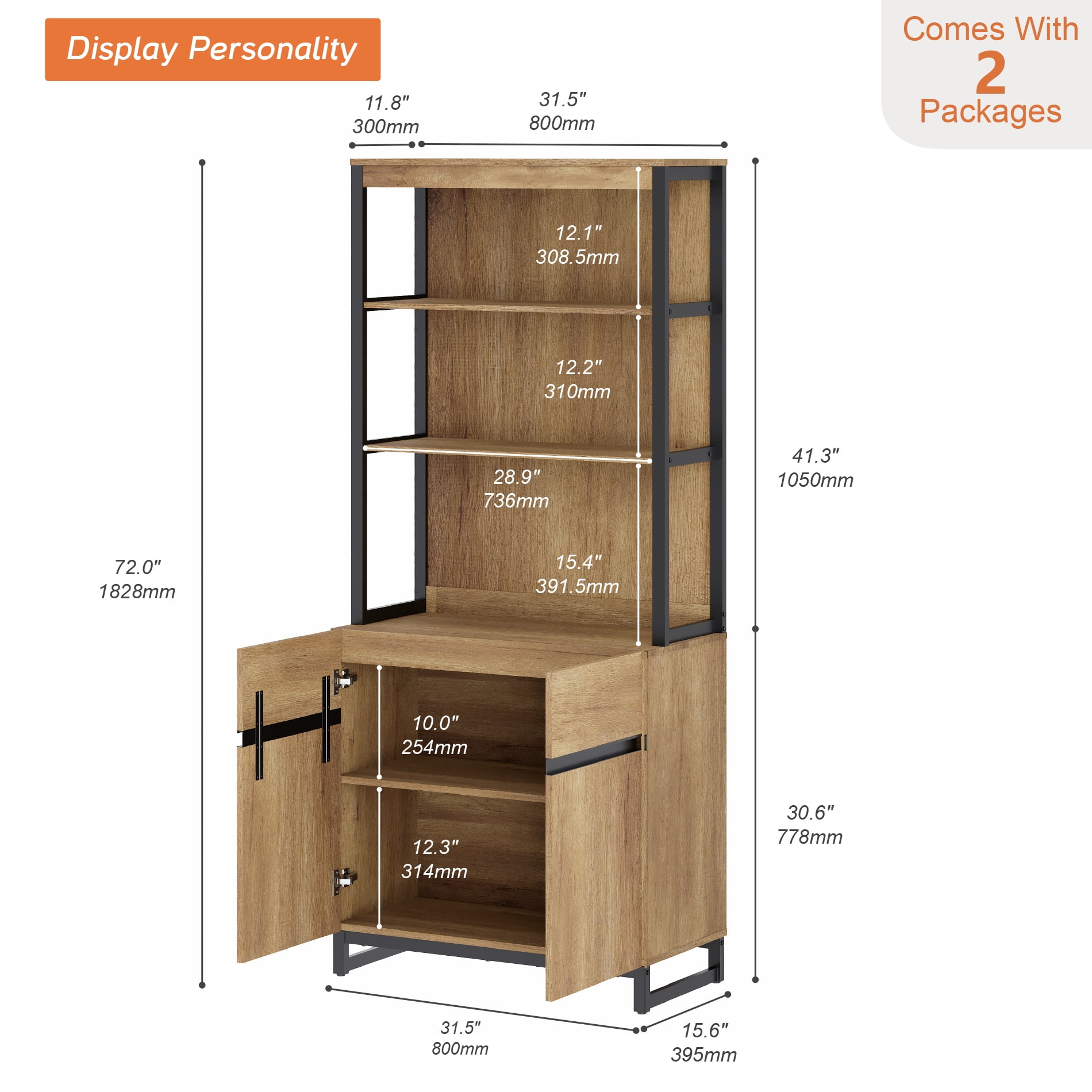 Modern 72" Tall Bookcase with Sturdy Metal Base, Freestanding Library Bookshelf with Adjustable Shelves, Closed Storage Cabinet and Open Display Shelves for Home Office, Living Room