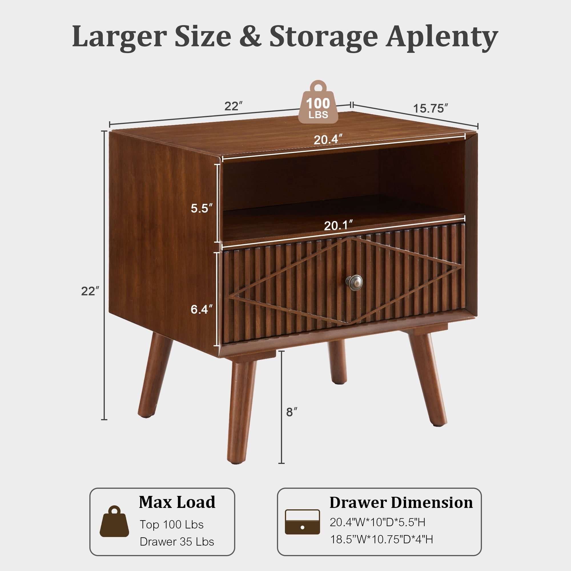 22" Mid-Century Modern Wood Nightstand with Carved Geometric Drawer Front, 1 Drawer and Open Shelf, Solid Wood Legs, Bedside Table for Bedroom