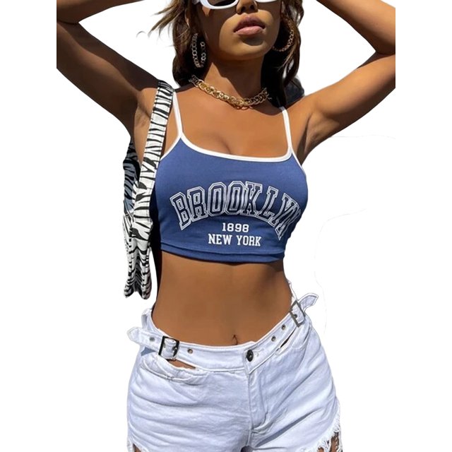 VISgogo Camisola corta de verano para mujer, tirantes finos con estampado de letras, camisetas sin mangas recortadas ajustadas, ropa interior femenina VISgogo moda