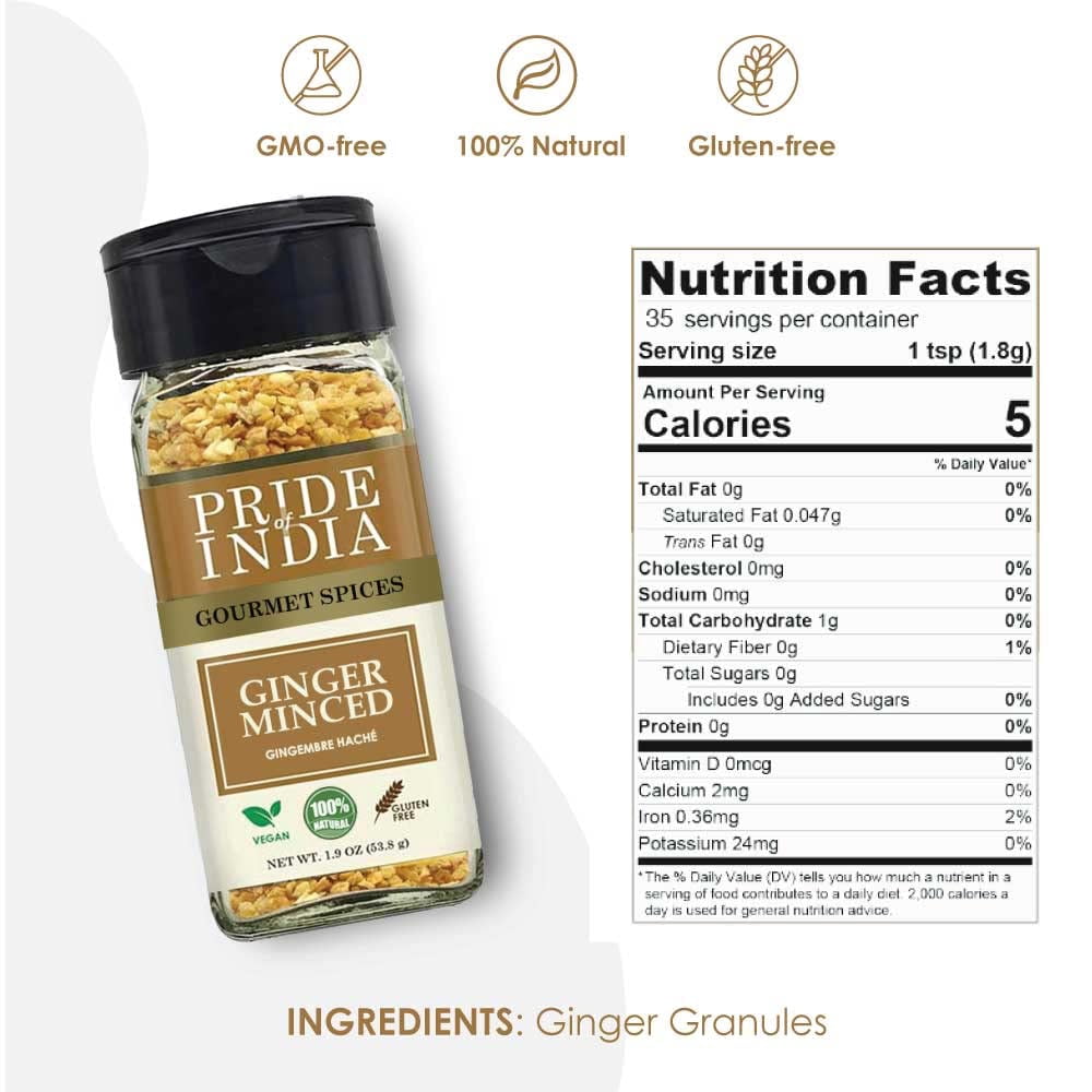Pride of India - PACK of 6-Ginger Minced Whole Gourmet Spice Rich in Antioxidant Potent Flavor - Great for Adding Flavor to Stir Fries and Sauces – Easy to Use –1.9 oz. Small Dual Sifter Bottle