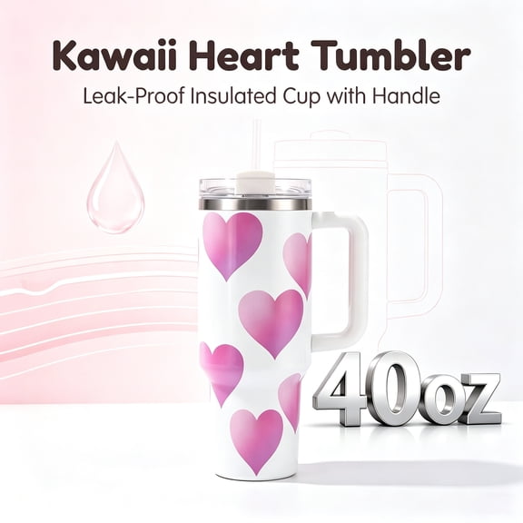 40oz Kawaii Heart Print Tumbler with Handle and Straw Lid, Vacuum Insulated Stainless Steel Travel Mug, Leak‑Proof Reusable Cup, Ideal Birthday Valentine Gift for Her, Fits Car Cup Holder