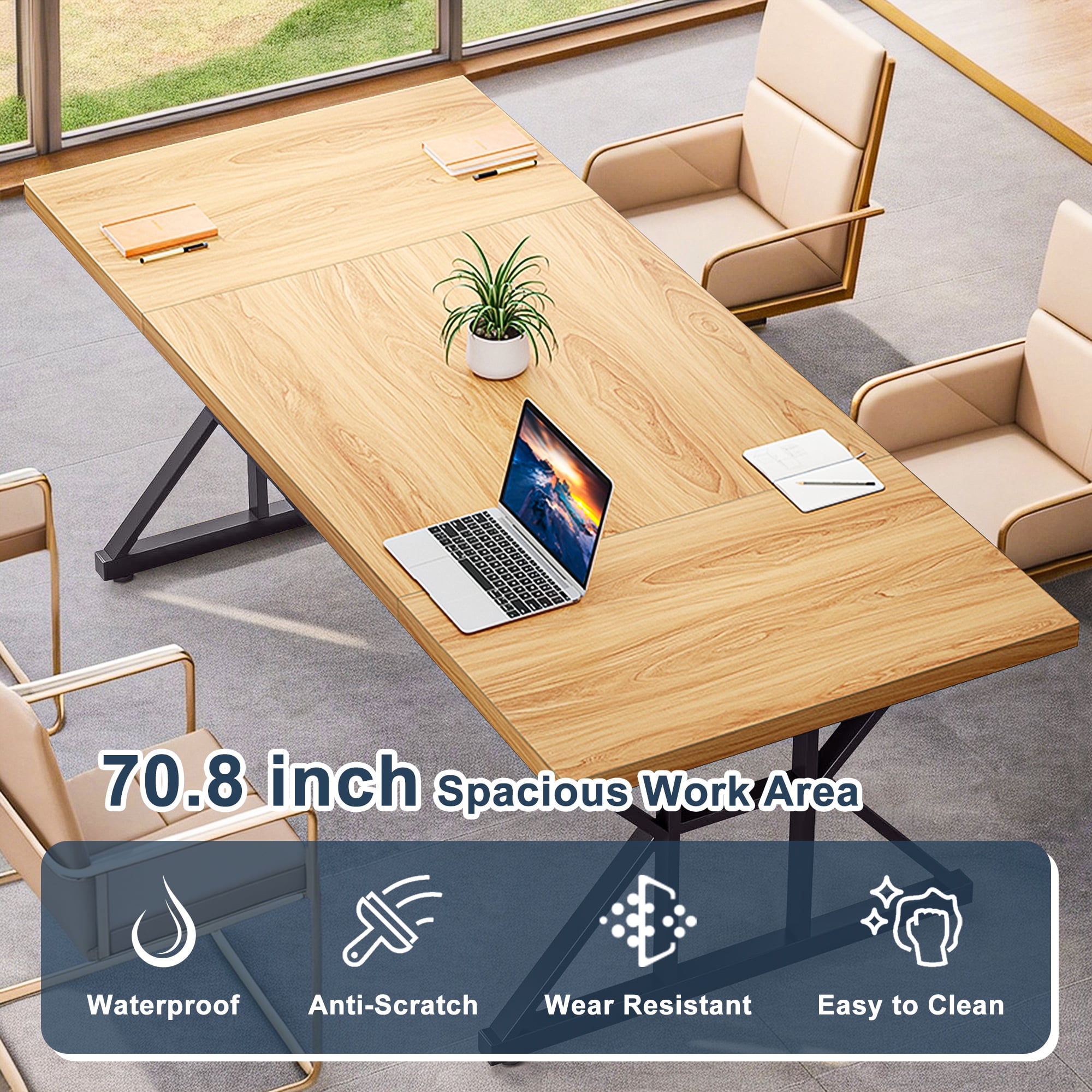 Demi Bonn 71" Farmhouse Dining Table, Wood Rustic Kitchen Table for 6 People, Large Rectangular Dinner Table for Dining Room, Home Office, Living Room Furniture, Beige & Black