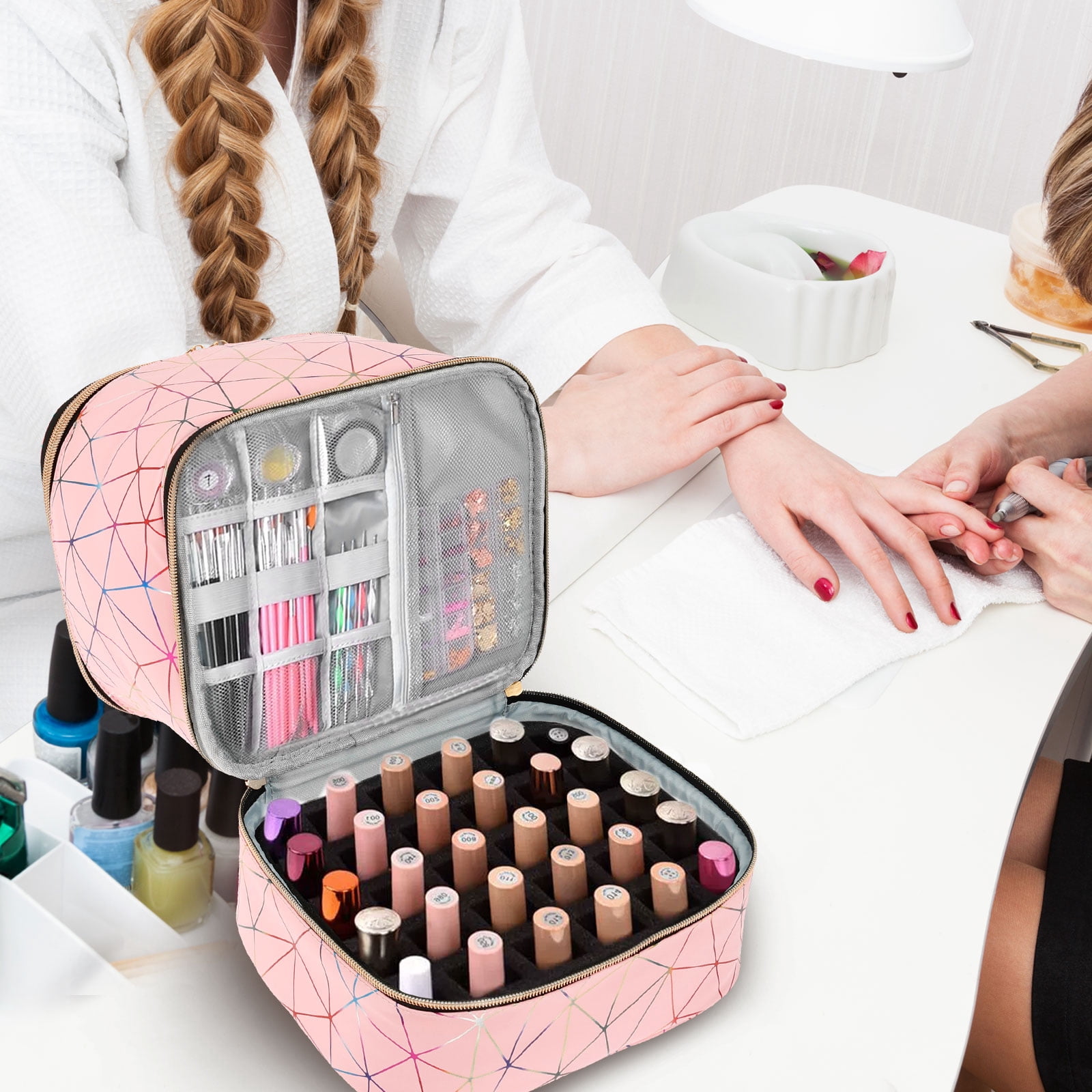 FUYGRCJ Compartmental Holographic Nail Polish Organizer Bag, Zipper Closure Double Layers Nail Supplies Storage Box for Home Travel Salon Use
