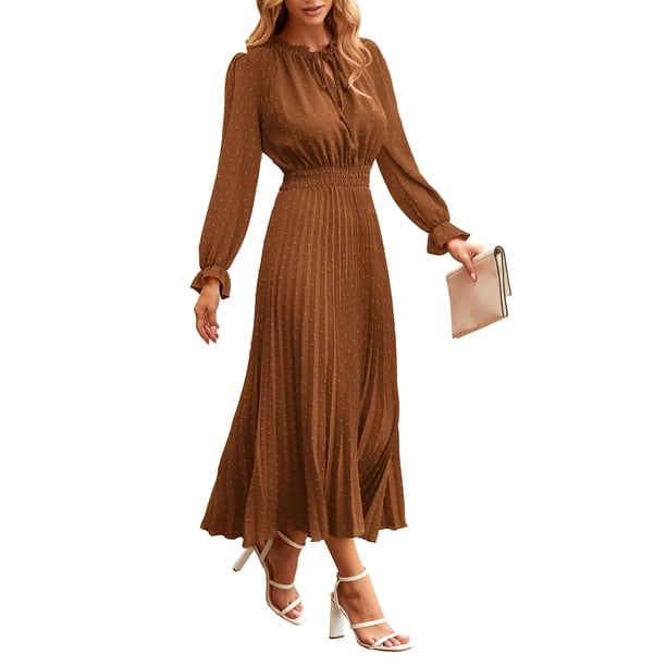 Vestido PRETTYGARDEN 2025 Midi con Mangas Largas Plisado Marrón Talla S
