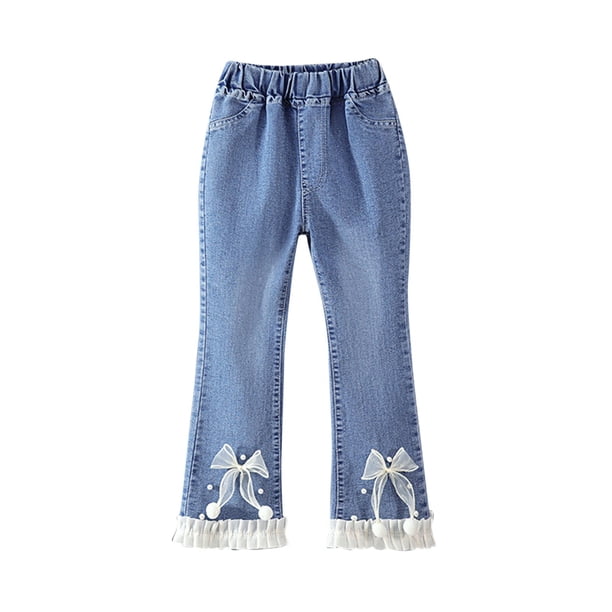 Odeerbi 4-14 Años Niñas Vaqueros Flamed Lace Trim Bow Denim Pantalones Casual Loose Cowboy Pantalones de Piernas Anchas