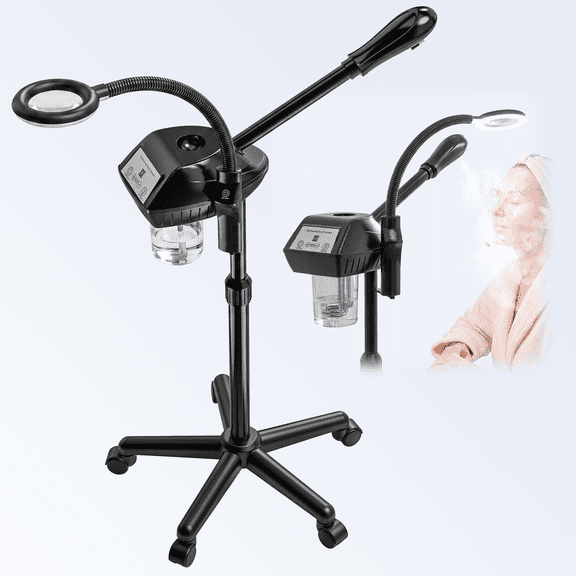 Professional Facial Steamer, 2 in 1 Facial Steamer on Wheels with 5X Magnifying Lamp, Steamer for Face Adjustable Height, Steamer for Facial for Salon, Spa and at Home Use, Black