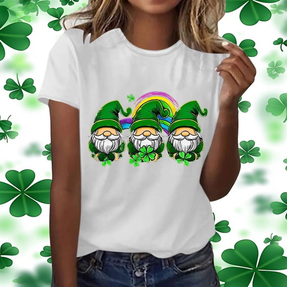 Ailaofu St. Patrick's Day Fun Shamrock Print T-Shirt for Women, Summer Casual Short Sleeve Crew Neck T-Shirt
