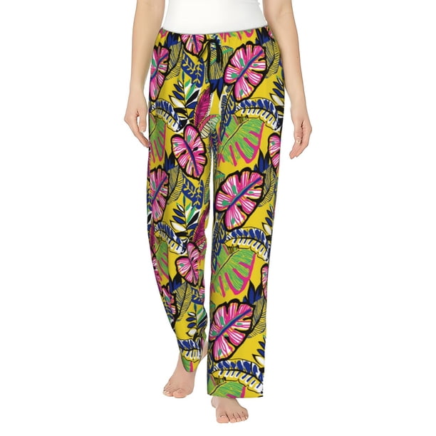 Balery Colrful Tropical Leaves Pantalones de pijama para mujer, pijamas ultraligeros, pantalones de estar por casa-3X-Large