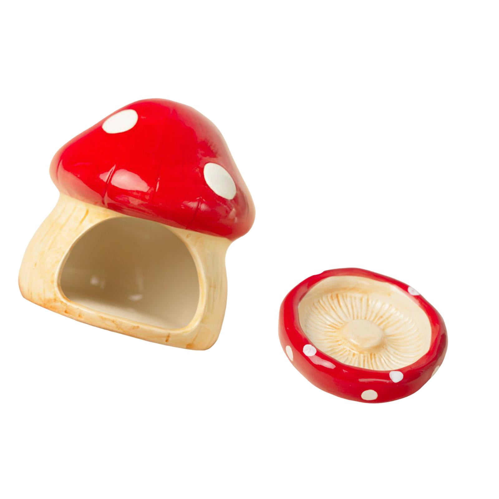 EHJRE Ceramic Hamster House Small Animal Hideout Cave Indoor with Food Feeding Bowl Mushroom Shaped for Hedgehog Small Animals Rats Red