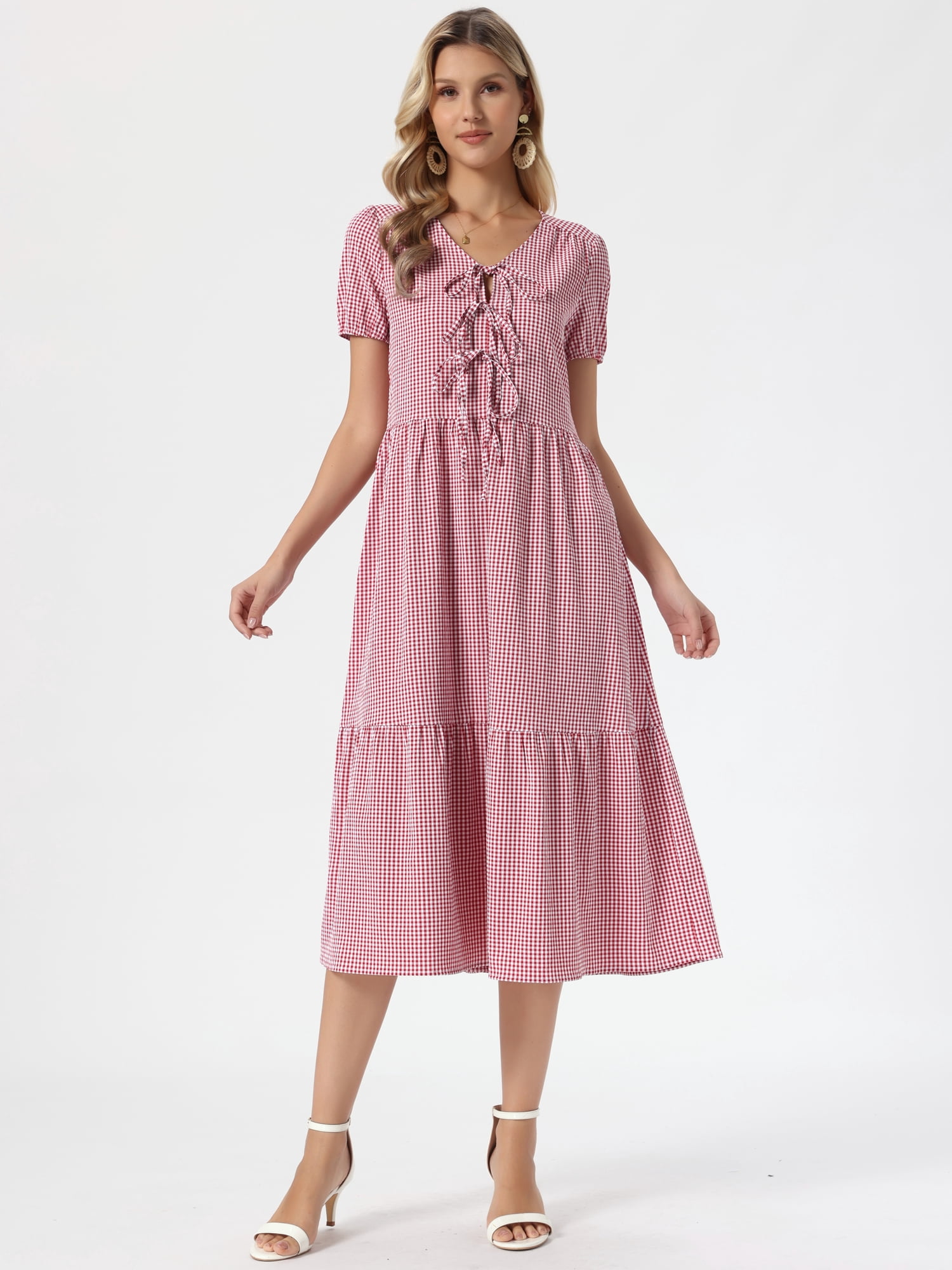 DARING DIVA Women's Gingham Short Sleeve V-Neck Midi Flowy Tie Front Dress S Dark Red
