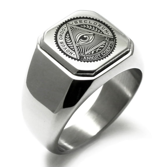Stainless Steel All Seeing Eye Novus Ordo Seclorum Engraved Square Flat Top Biker Style Polished Signet Ring
