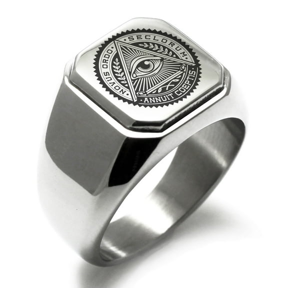 Stainless Steel All Seeing Eye Novus Ordo Seclorum Engraved Square Flat Top Biker Style Polished Signet Ring