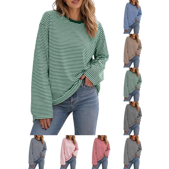 Women Fall Tops Women's Loose Striped Casual Fashion Crew Neck Long Sleeve Top Green XL