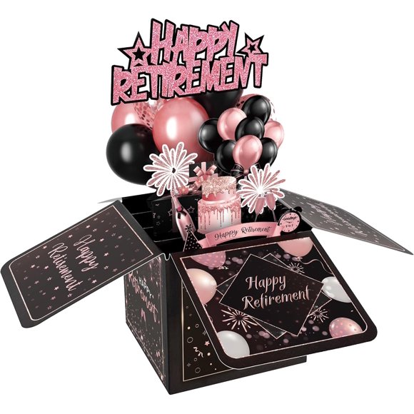 Retirement Pop Up Cards, 3D Happy Retirement Card with Envelope Rose Gold and Black Party Decorations Farewell Funny Gifts for Men and Women