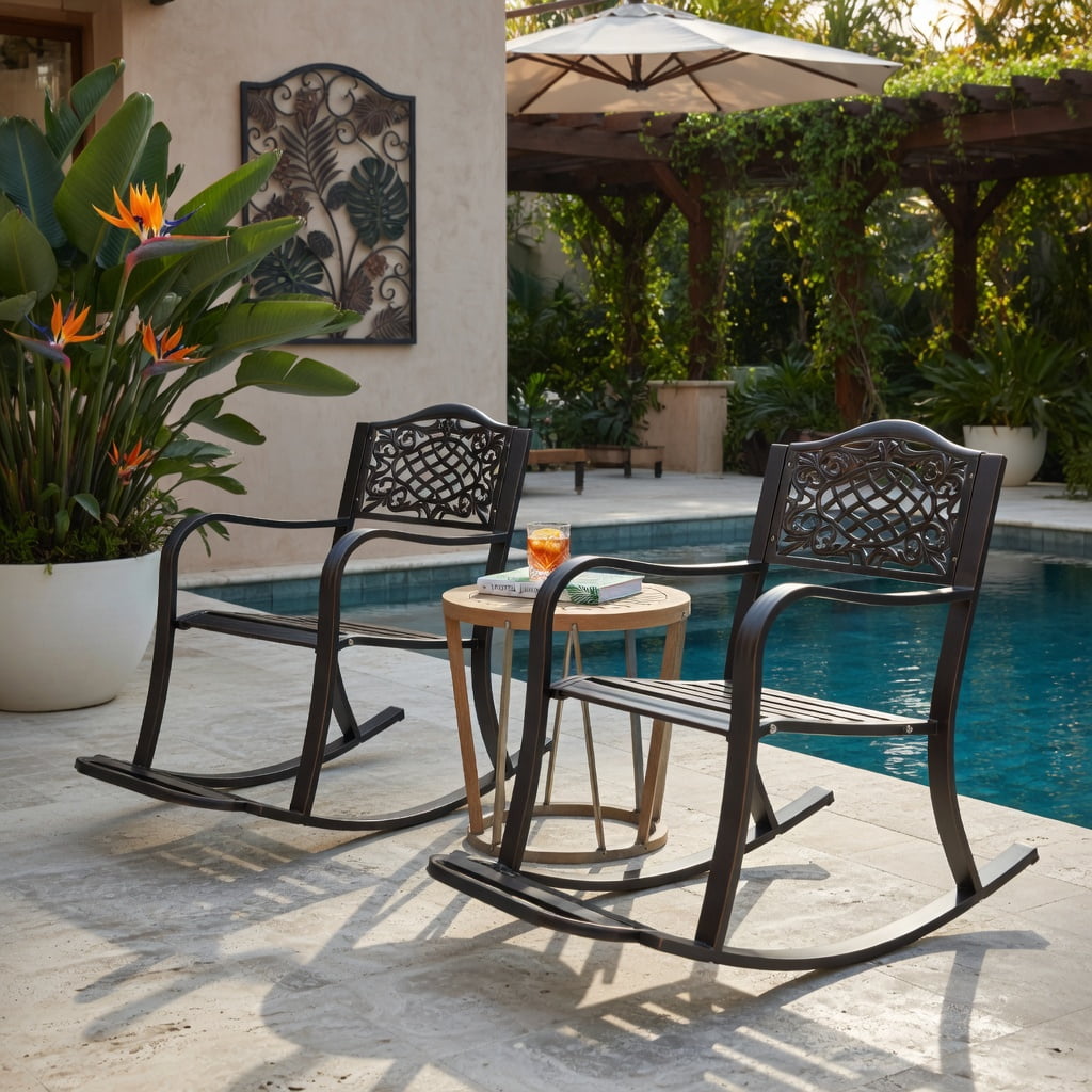 Hommoo Cast Aluminum Patio Rocking Chair with Footrest, Curved Armrests & Floral Back Design, Outdoor Rocker for Backyard, Porch, Poolside, Antique Brown