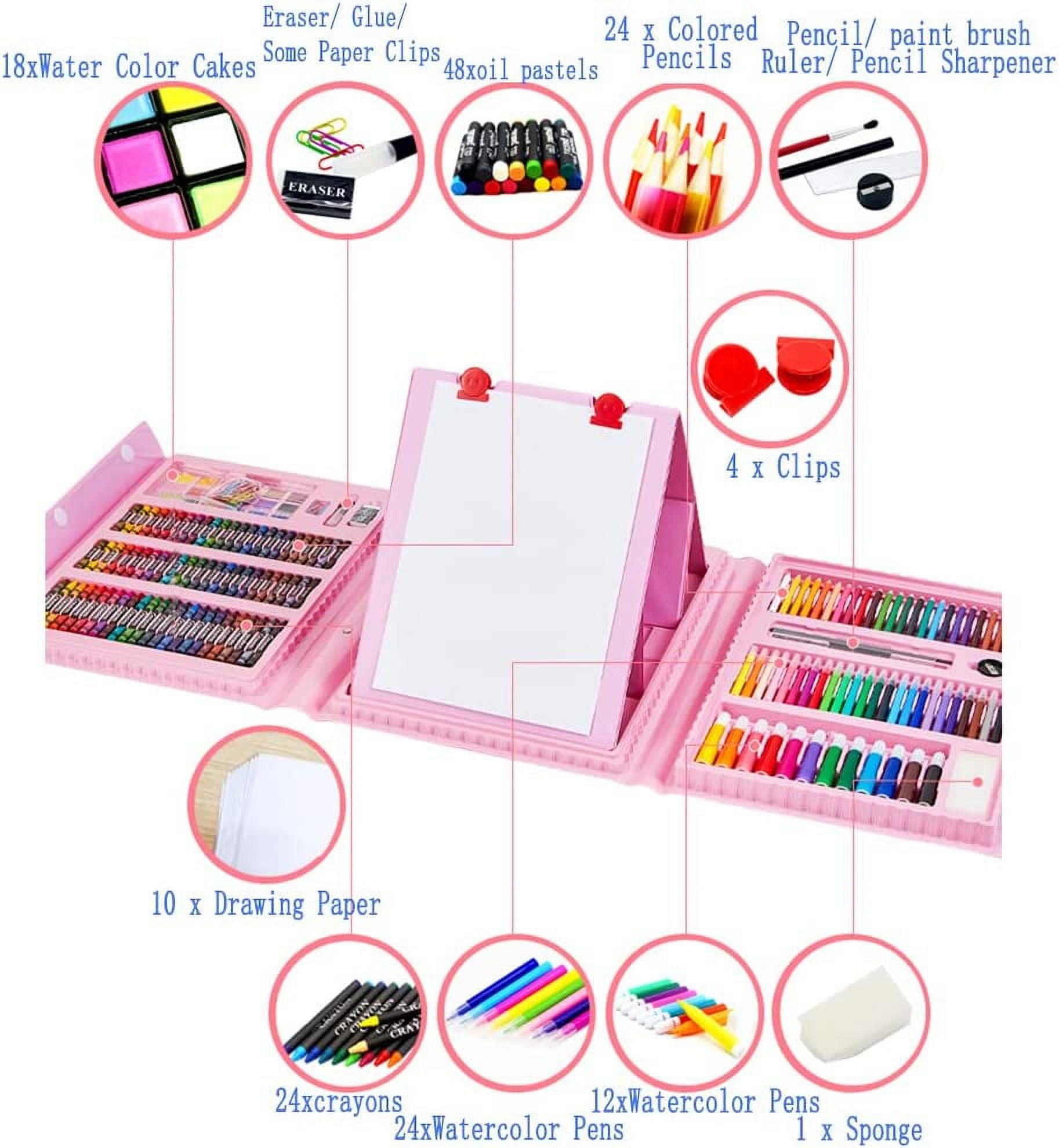 SOFTGAS 208 PCS Art Supplies, Drawing Art Kit for Kids Adults Art Set with Double Sided Trifold Easel, Oil Pastels, Crayons, Colored Pencils, Watercolor Pens Gift for Girls Boys Artist,Pink
