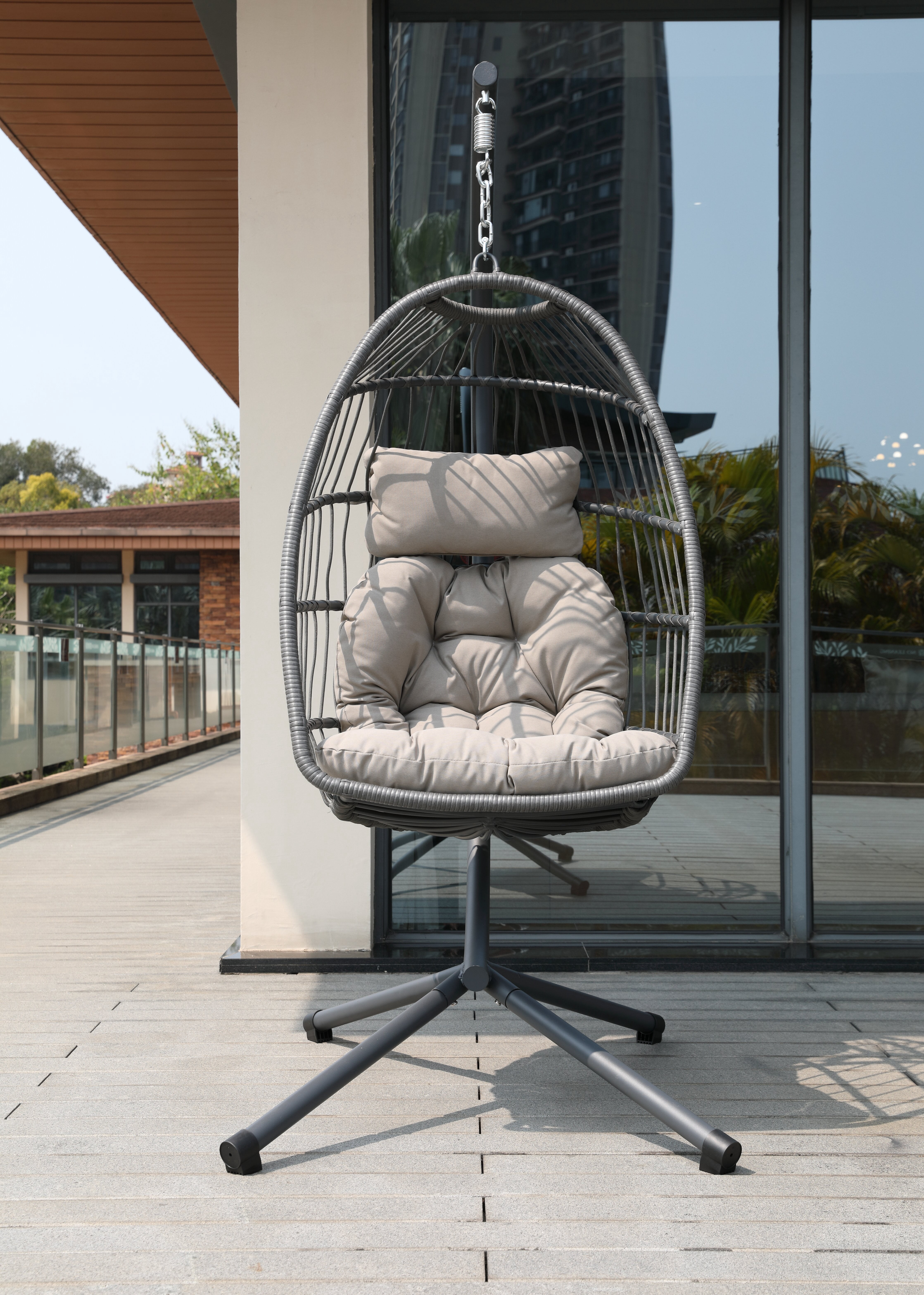 Egg Chair with Stand, Foldable Wicker Hanging Swing Chair with Cushion for Patio Bedroom Balcony Garden, Ivory