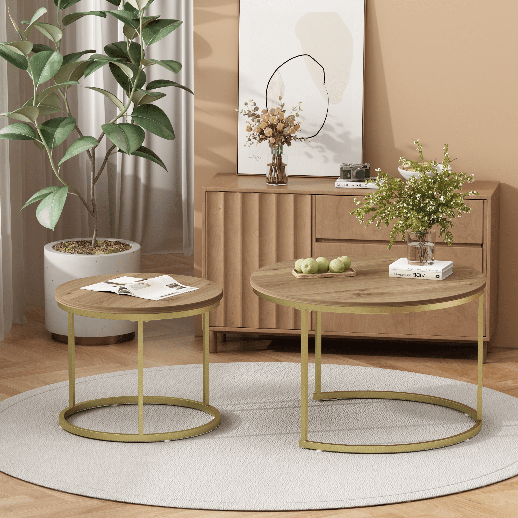 27.6in Nesting Coffee Table Set of 2, Round Coffee Table Wood Marble Pattern Top with Sturdy Metal Frame, End Table Side Tables for Living Room Bedroom Balcony Yard (Brown)