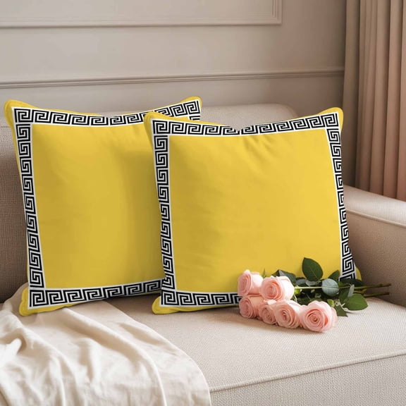 Outdoor Pillow Covers Greek Ethnic Key Texture Waterproof Pillow Cases 18x18 Set of 2, Twist Stripe Line on Yellow Throw Pillow Cover Pillowcase for Patio Balcony Couch Garden