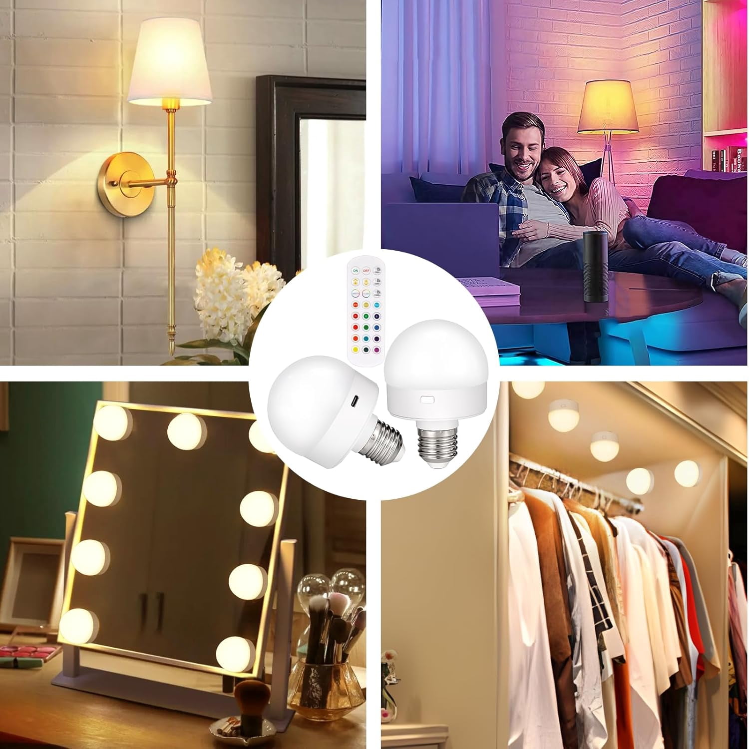Rechargeable Battery Operated Light Bulb with Remote Control 2 Packs, 350LM Dimmable Detachable LED Bulb with 15 Colors Selectable & 3 Timer, Wireless Puck Light Bulb for Wall Sconce