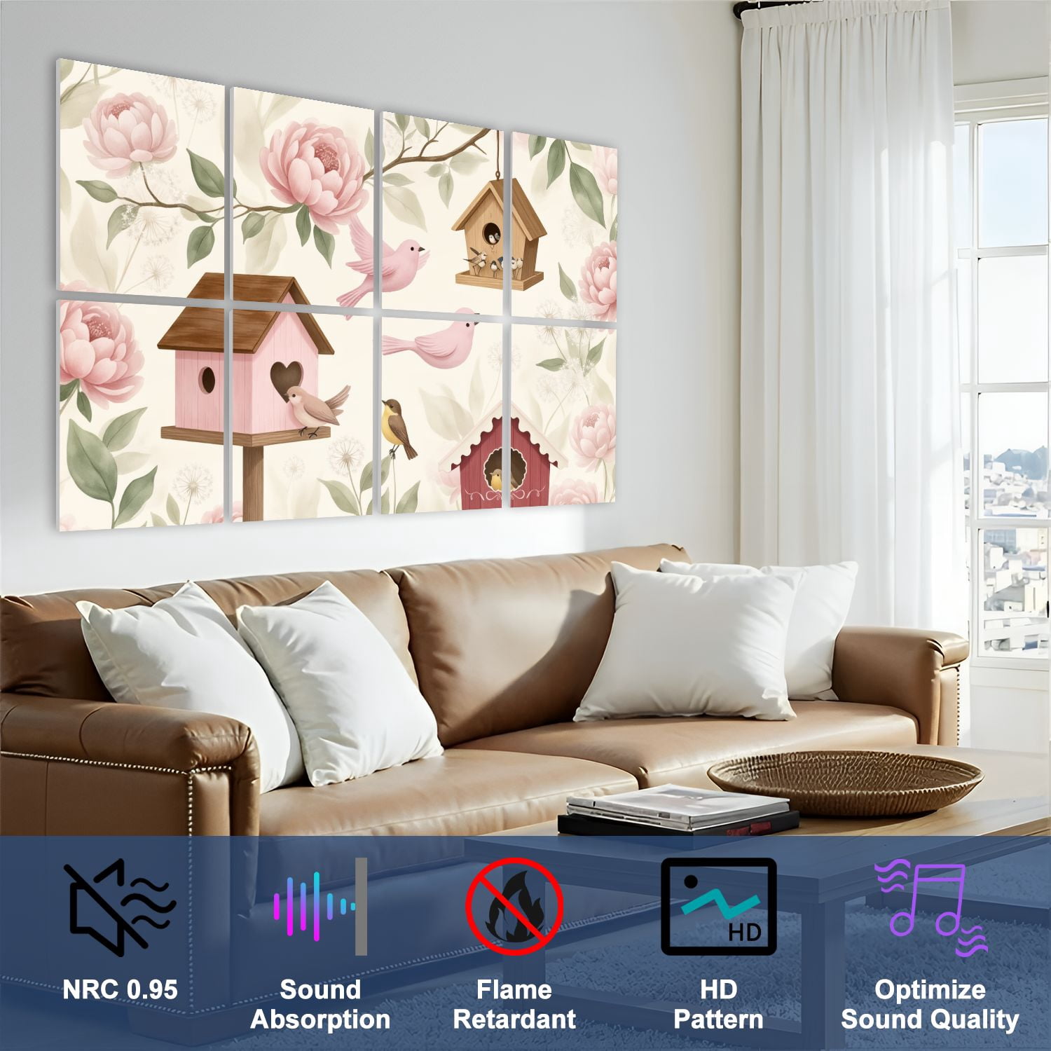 8 Pack Art Acoustic Panels Sound Absorbing Pastel Floral Birdhouses Small Birds Decorative Soundproof Wall Panels Self Adhesive for Nursery Game Room Bedroom 48"x32"